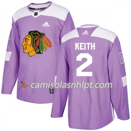 Camisola Chicago Blackhawks Duncan Keith 2 Adidas 2017-2018 Roxo Fights Cancer Practice Authentic - Homem